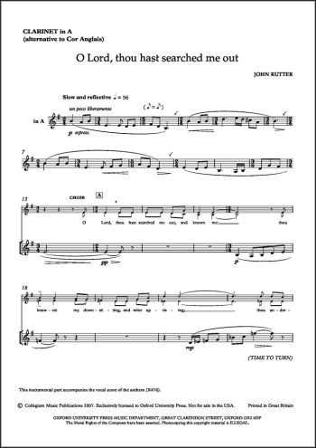 Rutter: O Lord, thou hast searched me out for SATB choir,Clarinet In A  (OUP DIGITAL)