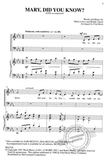 Mary Did You Know: SATB & Piano (Green Arr Bock)