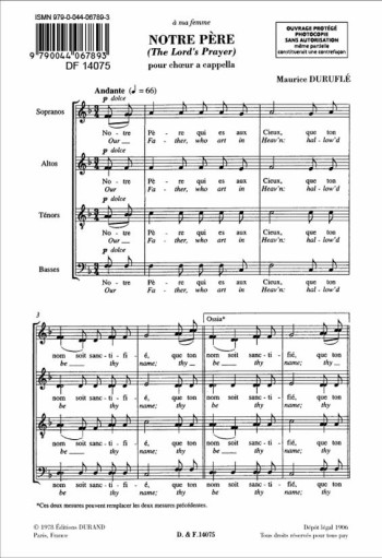 Lords Prayer:  Notre Pere Op14: Vocal SATB (Durand)