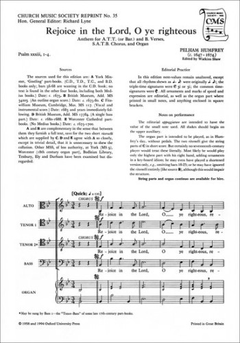 Humfrey: Rejoice Inthe Lord: SATB And Organ (OUP)
