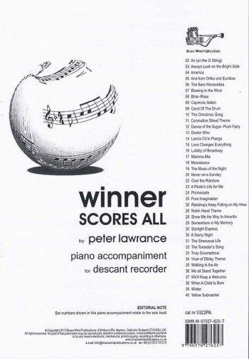 Winner Scores All: Descant Recorder Piano Accompaniment