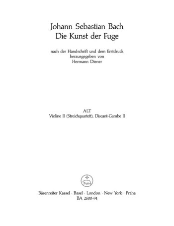 Art Of Fuge BWV1080 Violin II Part (version For String Quartet) (Barenreiter)