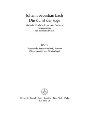 Art Of Fuge BWV1080  Cello Part (version For String Quartet) (Barenreiter)