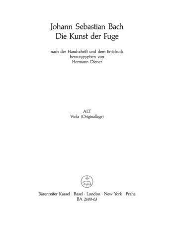 Art Of Fugue BWV 1080 Viola Part (Alto) (Version For Viola Quartet) (Barenreiter)