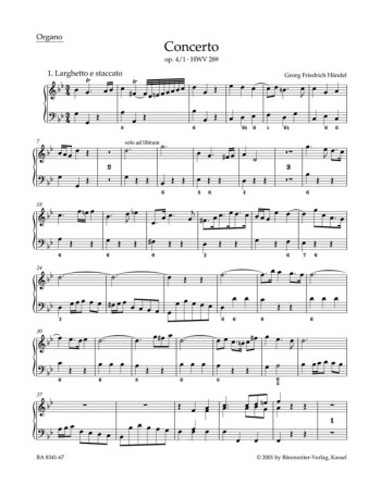 Concerto for Organ, Op.4/ 1 in G minor (HWV 289) (Urtext). : Organ: (Barenreiter)