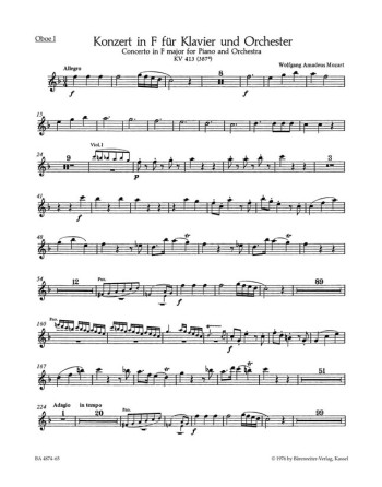 Concerto for Piano No.11 in F  (K.413) (Urtext). : Wind set: (Barenreiter)