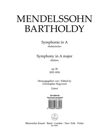 Symphony No.4 in A, Op.90 (Italian) (Urtext). : Wind set: (Barenreiter)