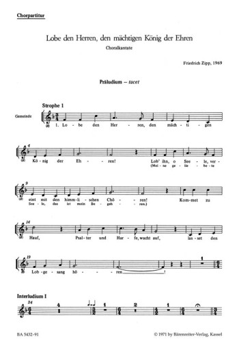 Lobe den Herren. : Choral: (Barenreiter)