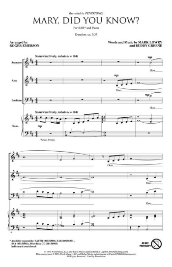 Mary Did You Know? SAB Vocal (Emerson)