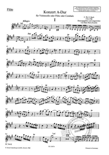 Concerto A Major H 437-39, Wq 168, 172, 29 Flute Or Cello (Eulenburg)